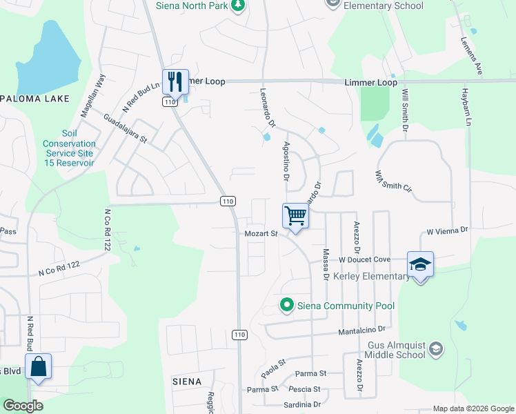 map of restaurants, bars, coffee shops, grocery stores, and more near 5818 Aviano Road in Round Rock