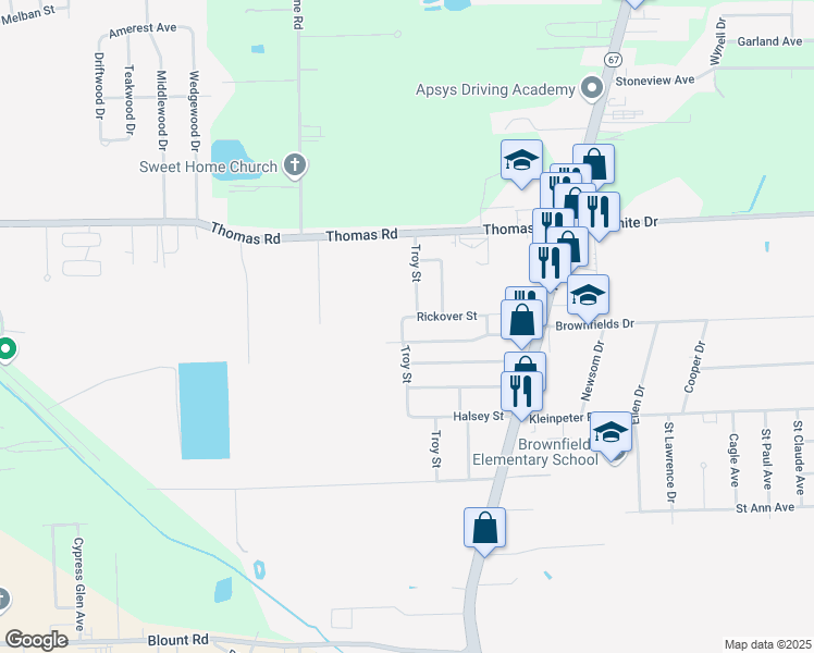 map of restaurants, bars, coffee shops, grocery stores, and more near 12036 Troy Street in Baton Rouge