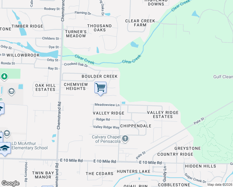 map of restaurants, bars, coffee shops, grocery stores, and more near 961 Shadow Ridge Drive in Pensacola