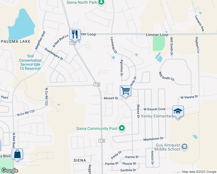 map of restaurants, bars, coffee shops, grocery stores, and more near 5818 Aviano Road in Round Rock
