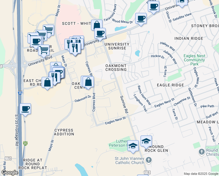 map of restaurants, bars, coffee shops, grocery stores, and more near 22-54 Cypress Boulevard in Round Rock