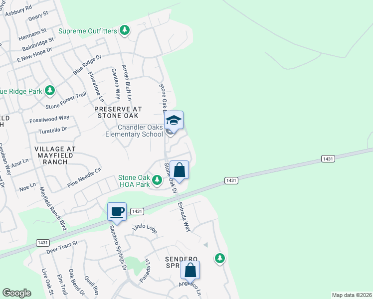 map of restaurants, bars, coffee shops, grocery stores, and more near 3821 Top Rock Lane in Round Rock