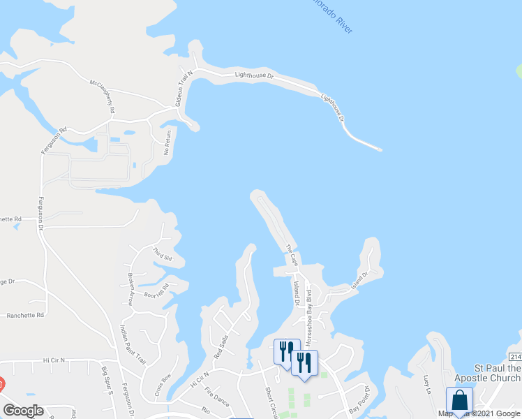 map of restaurants, bars, coffee shops, grocery stores, and more near 1224 The Cape in Horseshoe Bay