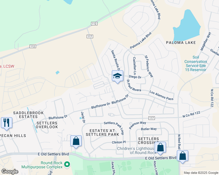 map of restaurants, bars, coffee shops, grocery stores, and more near 20 Tate Lane in Round Rock