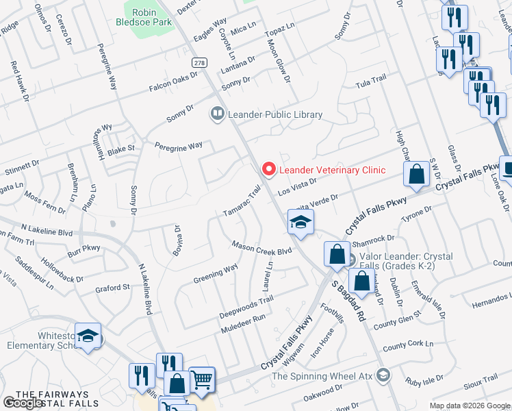 map of restaurants, bars, coffee shops, grocery stores, and more near 1512 Parkwood Drive in Leander