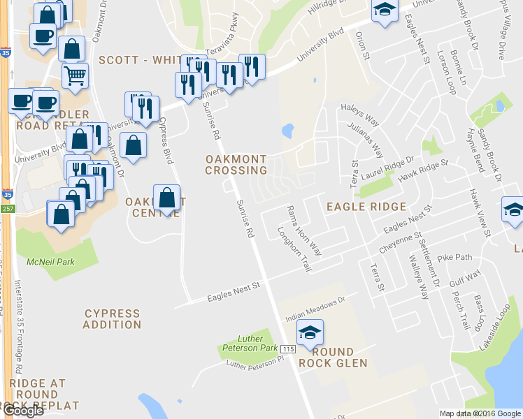 map of restaurants, bars, coffee shops, grocery stores, and more near 3673 Rams Horn Way in Round Rock
