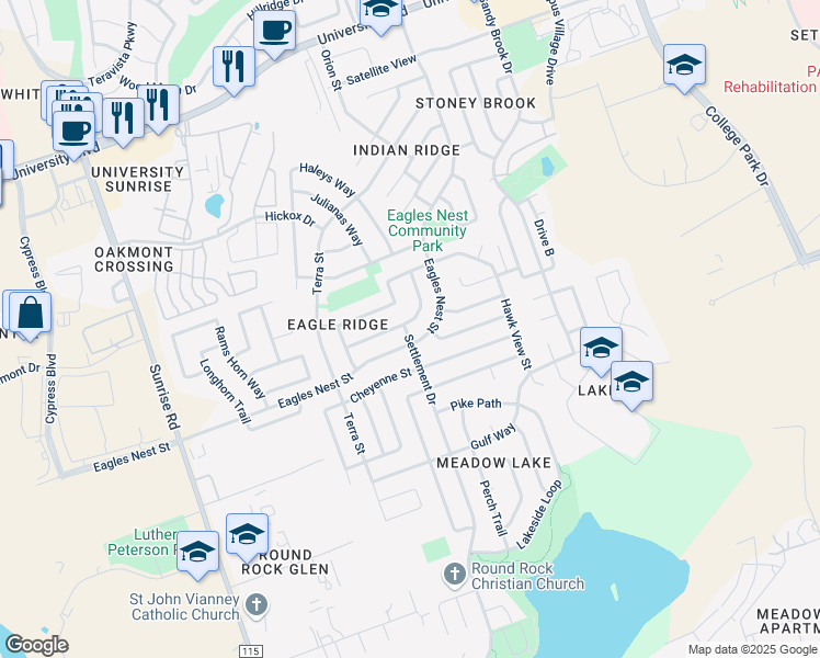 map of restaurants, bars, coffee shops, grocery stores, and more near 3622 Eagles Nest Street in Round Rock