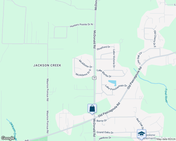 map of restaurants, bars, coffee shops, grocery stores, and more near 6502 McAdams Drive East in Theodore