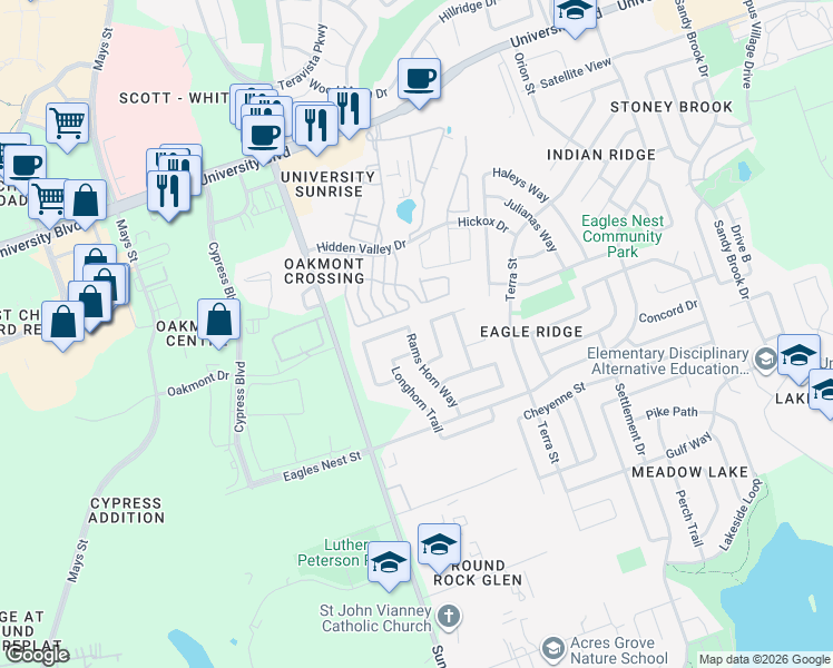map of restaurants, bars, coffee shops, grocery stores, and more near 3625 Rams Horn Way in Round Rock