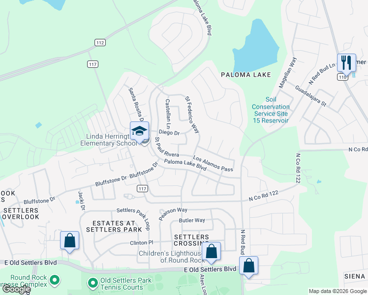map of restaurants, bars, coffee shops, grocery stores, and more near 2720 Saint Paul Rivera in Round Rock