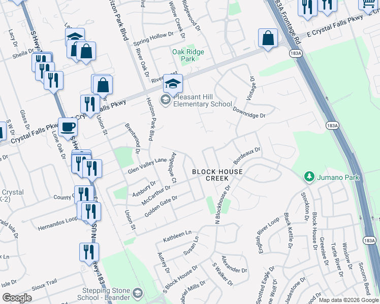 map of restaurants, bars, coffee shops, grocery stores, and more near 2006 Fall Creek Drive in Leander