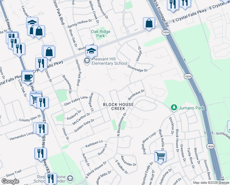 map of restaurants, bars, coffee shops, grocery stores, and more near 3305 Napa Valley Bend in Leander