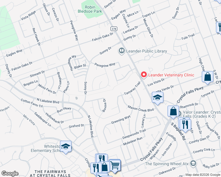 map of restaurants, bars, coffee shops, grocery stores, and more near 1245 Volente Lane in Leander