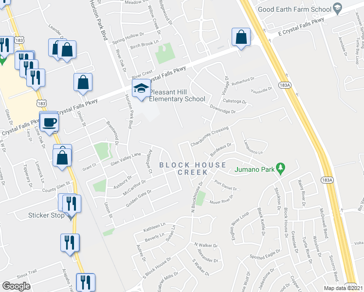 map of restaurants, bars, coffee shops, grocery stores, and more near 3316 Saint Genevieve Drive in Leander