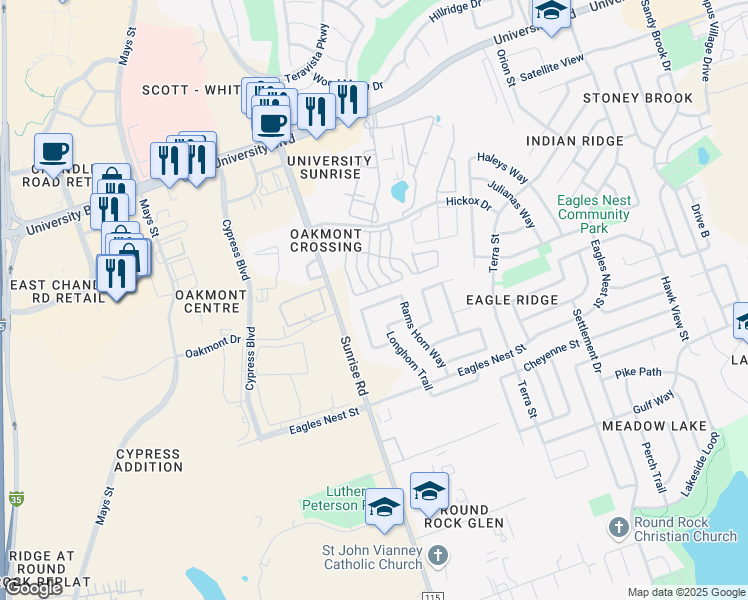map of restaurants, bars, coffee shops, grocery stores, and more near 3673 Rams Horn Way in Round Rock