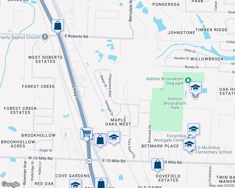 map of restaurants, bars, coffee shops, grocery stores, and more near 10532 Wilderness Lane in Pensacola