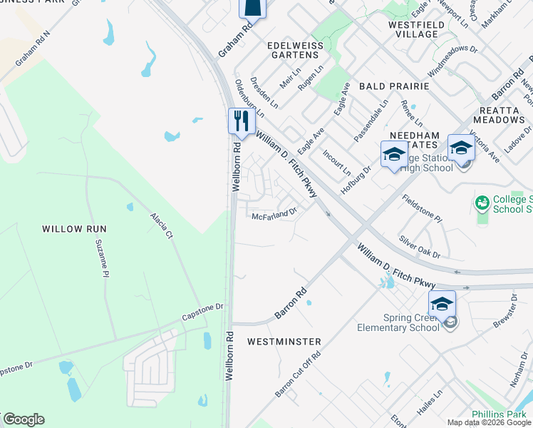 map of restaurants, bars, coffee shops, grocery stores, and more near 4103 McLister Drive in College Station