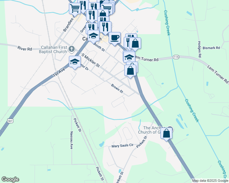 map of restaurants, bars, coffee shops, grocery stores, and more near 45153 Brown Street in Callahan
