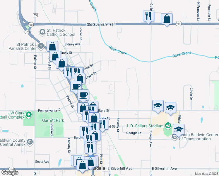 map of restaurants, bars, coffee shops, grocery stores, and more near 22625 Mattingly Street in Robertsdale