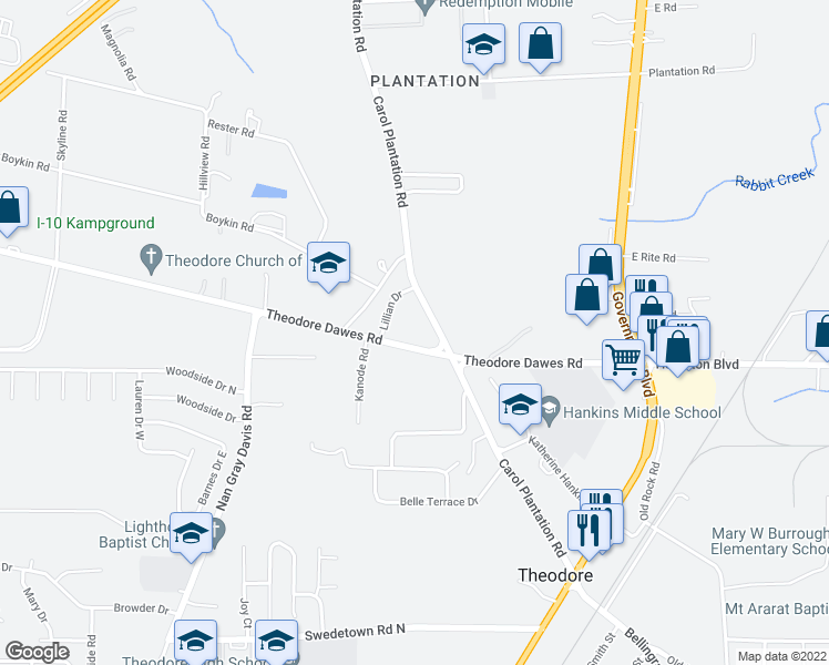 map of restaurants, bars, coffee shops, grocery stores, and more near 5950 Theodore Dawes Road in Theodore