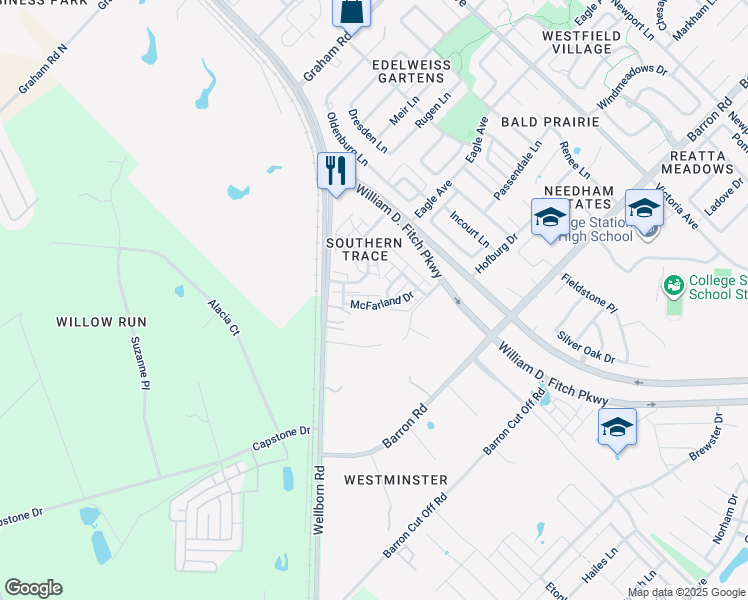map of restaurants, bars, coffee shops, grocery stores, and more near 4103 McLister Drive in College Station