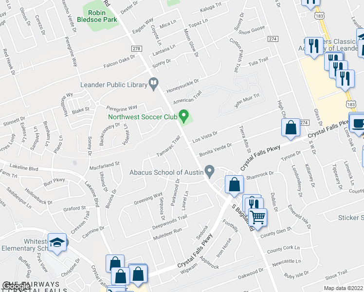 map of restaurants, bars, coffee shops, grocery stores, and more near 1103 Sunflower Court in Leander