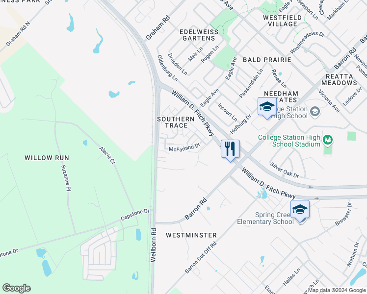 map of restaurants, bars, coffee shops, grocery stores, and more near 4121 Mcfarland Drive in College Station