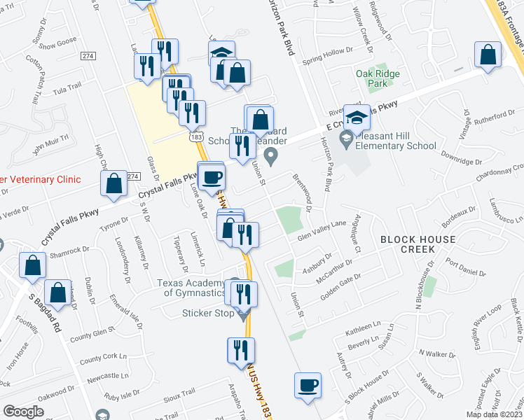 map of restaurants, bars, coffee shops, grocery stores, and more near 201 Presidio Drive in Leander