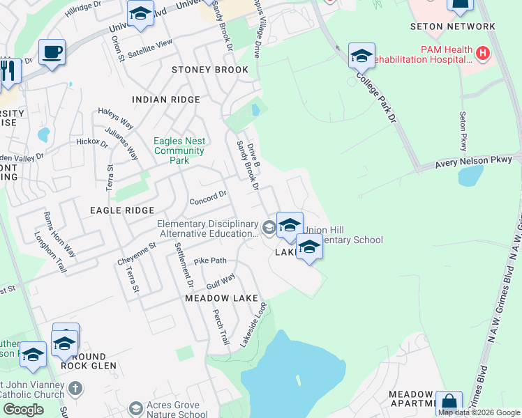 map of restaurants, bars, coffee shops, grocery stores, and more near 3501 Amistad Cove in Round Rock
