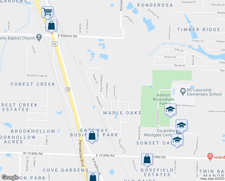 map of restaurants, bars, coffee shops, grocery stores, and more near 1389 Tara Dawn Lane in Pensacola