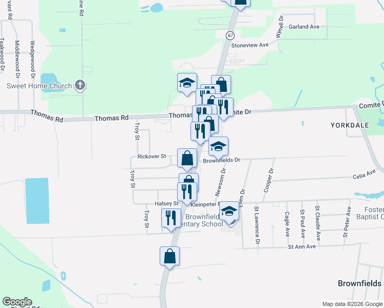 map of restaurants, bars, coffee shops, grocery stores, and more near 12044 Plank Road in Baton Rouge