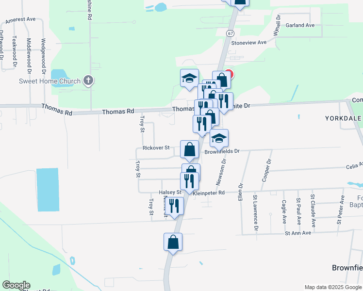 map of restaurants, bars, coffee shops, grocery stores, and more near 5640 Rickover Street in Brownfields