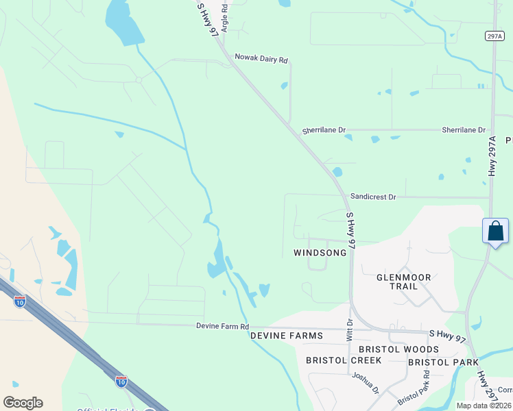 map of restaurants, bars, coffee shops, grocery stores, and more near 3160 Sandicrest Drive in Cantonment