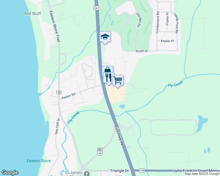 map of restaurants, bars, coffee shops, grocery stores, and more near 7625 Parker Road in Fairhope