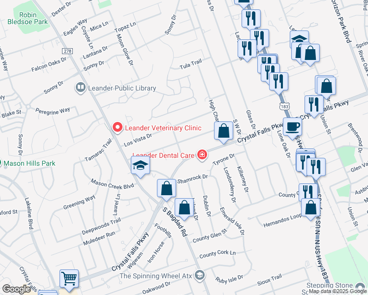map of restaurants, bars, coffee shops, grocery stores, and more near 1506 Tierra Alto Street in Leander