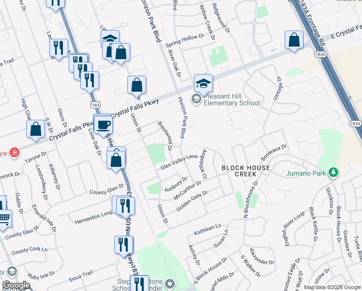 map of restaurants, bars, coffee shops, grocery stores, and more near 1900 Horizon Park Boulevard in Leander