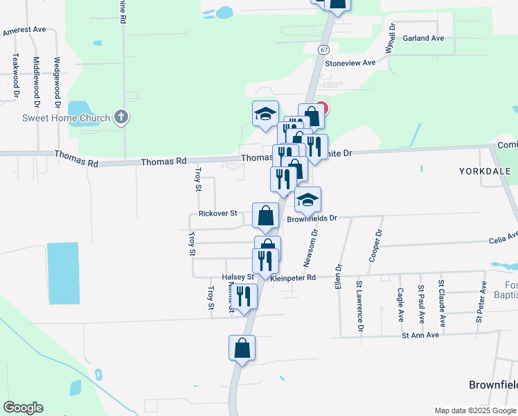 map of restaurants, bars, coffee shops, grocery stores, and more near 5640 Rickover Street in Brownfields