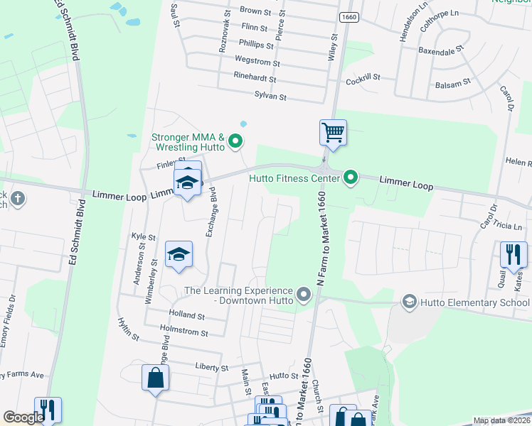 map of restaurants, bars, coffee shops, grocery stores, and more near 212 Adriana Lane in Hutto