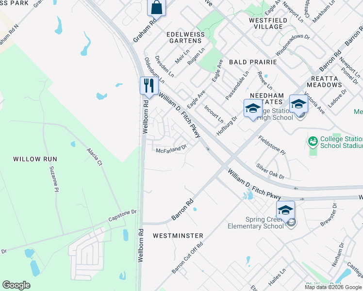 map of restaurants, bars, coffee shops, grocery stores, and more near 2937 Mclaren Drive in College Station