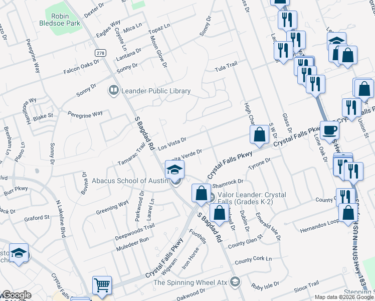map of restaurants, bars, coffee shops, grocery stores, and more near 807 Bonita Verde Drive in Leander
