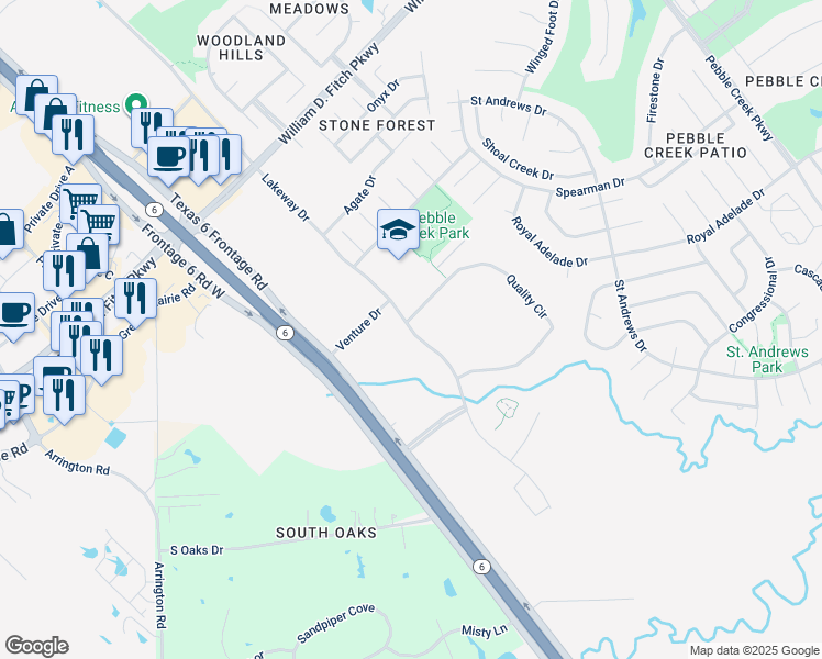 map of restaurants, bars, coffee shops, grocery stores, and more near Lakeway Drive in College Station