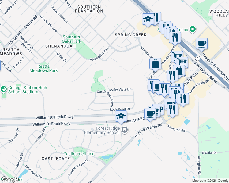 map of restaurants, bars, coffee shops, grocery stores, and more near 4100 Deep Stone Court in College Station