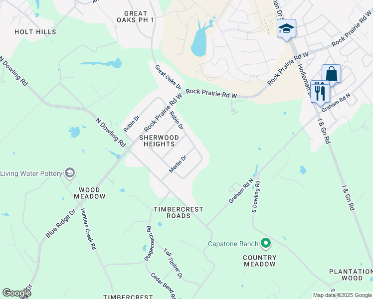 map of restaurants, bars, coffee shops, grocery stores, and more near 12579 Robin Drive in College Station