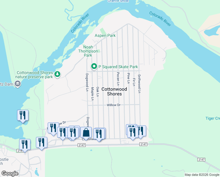 map of restaurants, bars, coffee shops, grocery stores, and more near 737 Aspen Lane in Cottonwood Shores