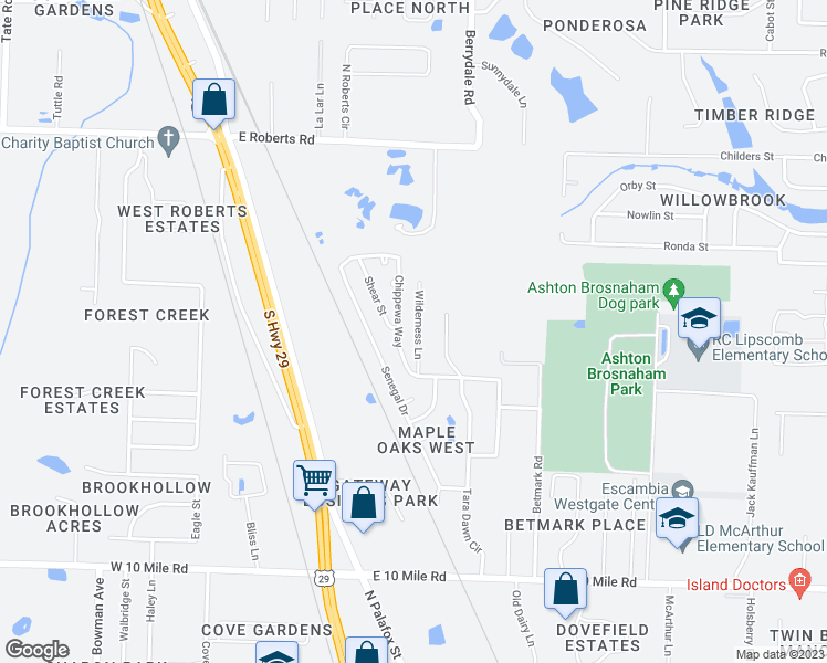 map of restaurants, bars, coffee shops, grocery stores, and more near 10545 Wilderness Lane in Pensacola