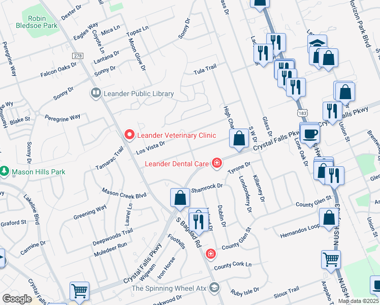 map of restaurants, bars, coffee shops, grocery stores, and more near 1506 Tierra Alto Street in Leander
