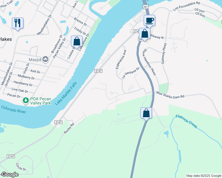 map of restaurants, bars, coffee shops, grocery stores, and more near 414 Cielo Circle in Marble Falls