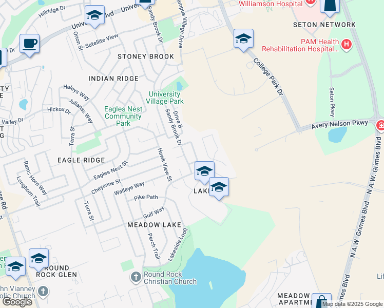 map of restaurants, bars, coffee shops, grocery stores, and more near 1717 Amistad Way in Round Rock