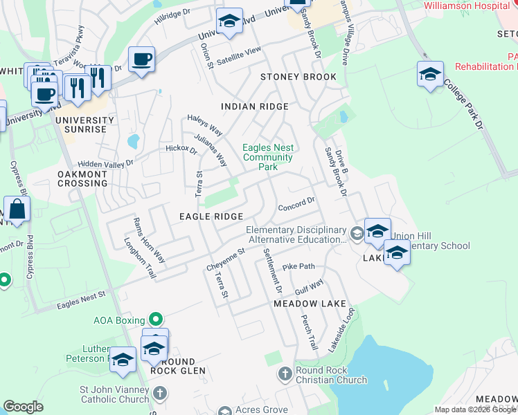 map of restaurants, bars, coffee shops, grocery stores, and more near 3631 Hawk Ridge Street in Round Rock