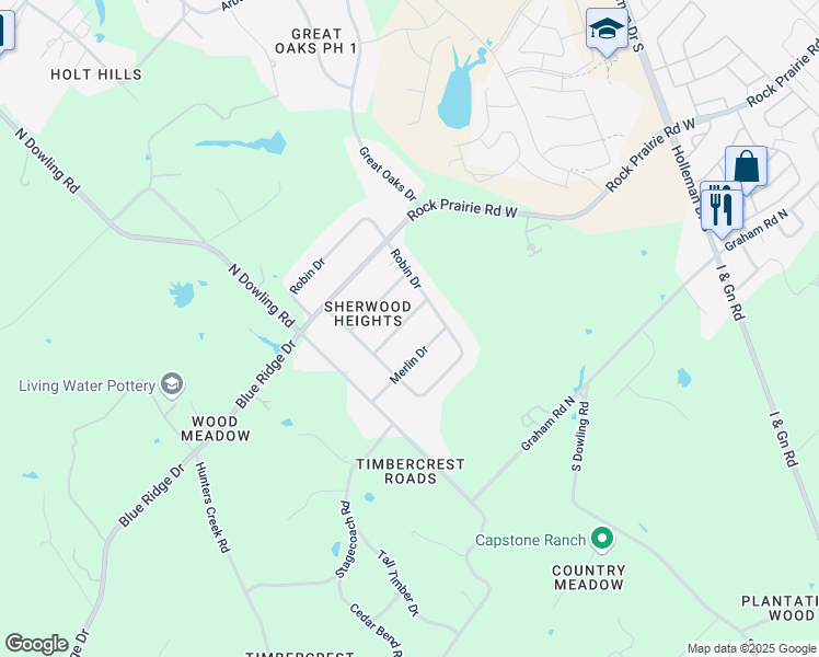 map of restaurants, bars, coffee shops, grocery stores, and more near 4511 Forrest Lane in College Station